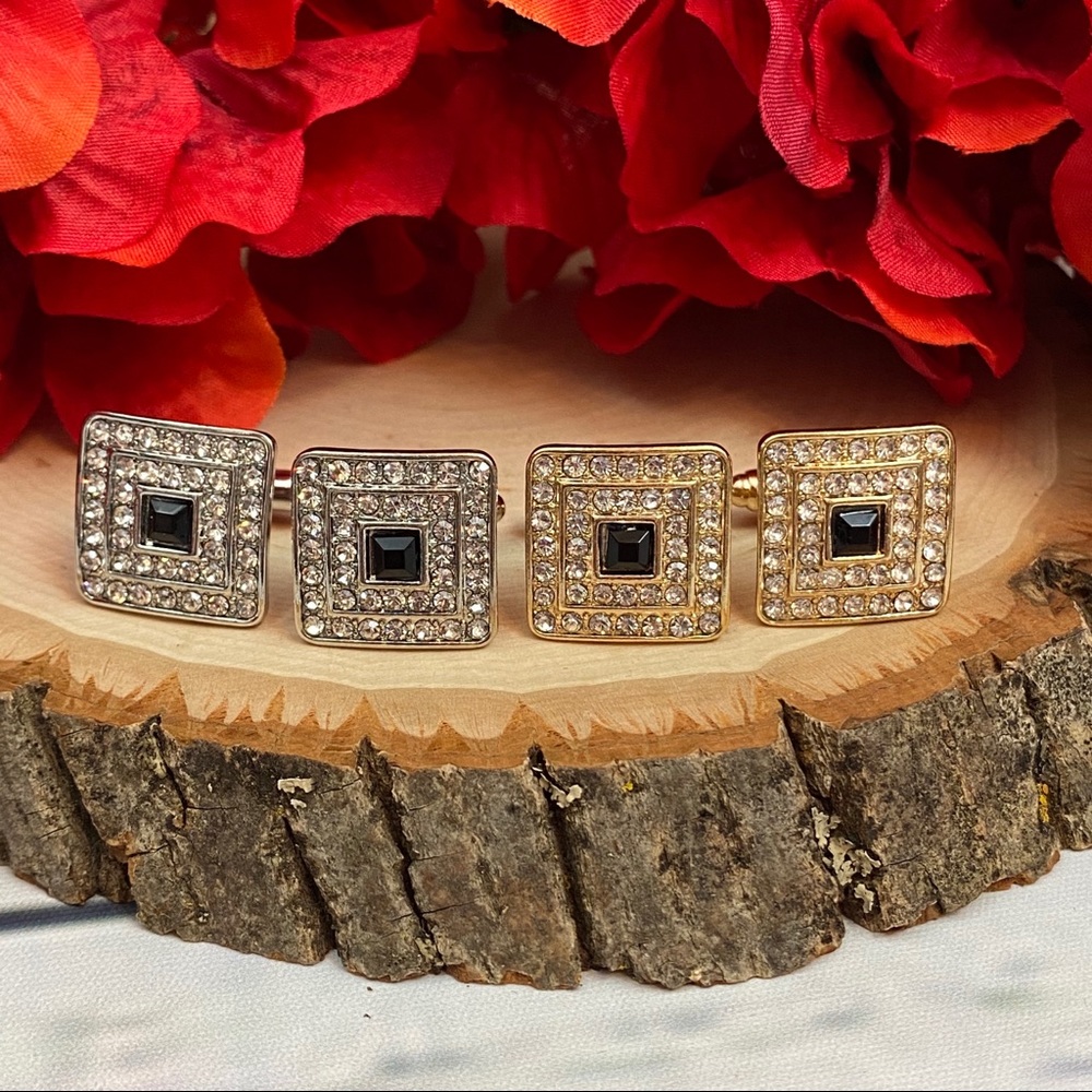 Square Cufflinks with Black & Silver Crystals - Picture 2 of 16